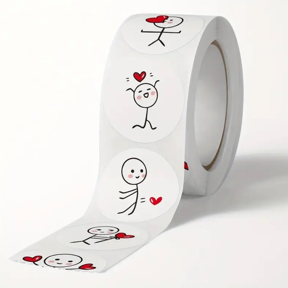 (31) Roll of 500 Whimsical Cartoon Stick Man with Heart Stickers (1” diam) - Picture 7 of 7